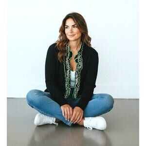 Ming Wang Black Knit Jacket XL Green White Ribbon Trim Hook Front Acrylic EUC